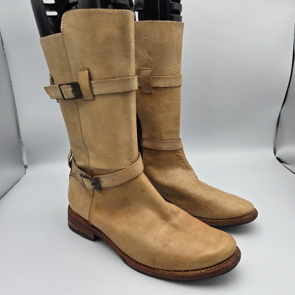 BEDSTU Boots Womens 7 Leather Cobbler Series Buckle Zip Mid-Calf Biker Riding